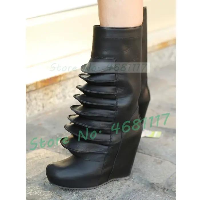 Bottines à talon compensé en cuir plissé pour femmes, mode, bout rond, plateforme, chaussures patchw