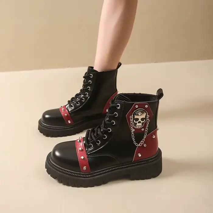 Femmes Punk bottines plate-forme boucle conception femmes bottes à lacets bloc talon chaussures méta