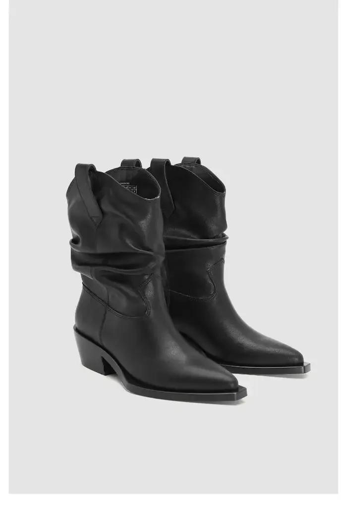 Bottes de cowboy à talons épais en cuir PU pour femmes, bottines western plissées mi-mollet, tube ad