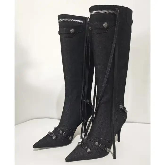 Bottes Hautes à Talons Fins et Pointus pour Femme, Chaussures en Denim, Design de Marque, à la Mode,