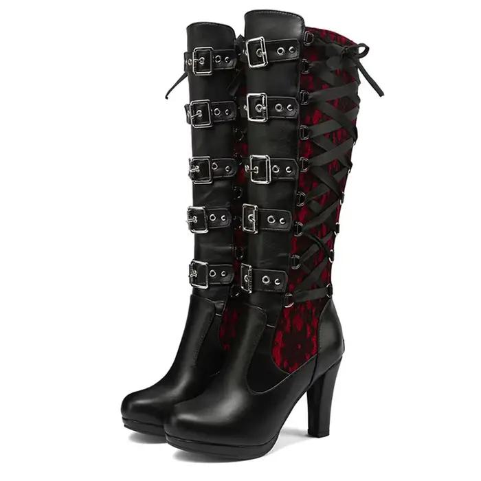 Bottes plateforme pour femmes, à lacets, talon épais, mi-mollet, avec bande étroite et nœud, style g