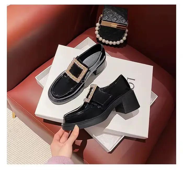 Mocassins à talon épais pour femmes, style britannique, ornés de diamants, avec boucle carrée, chaus