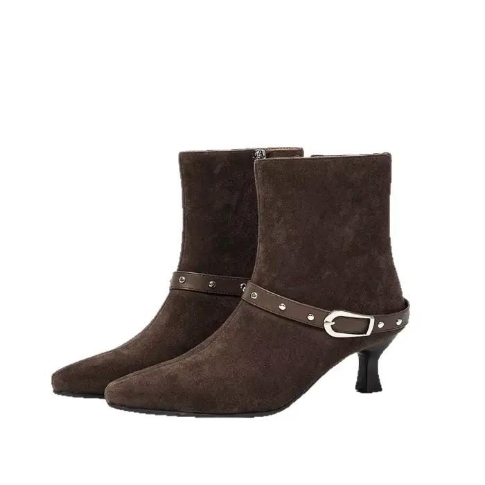 Nouveau hiver daim femmes bottes hautes bout pointu fermeture éclair concepteur bottes courtes femme