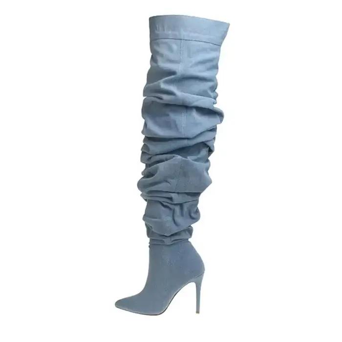 Bottes hautes en jean sexy à talon fin pour femme 2026 – Style western, bottines longues à enfiler p