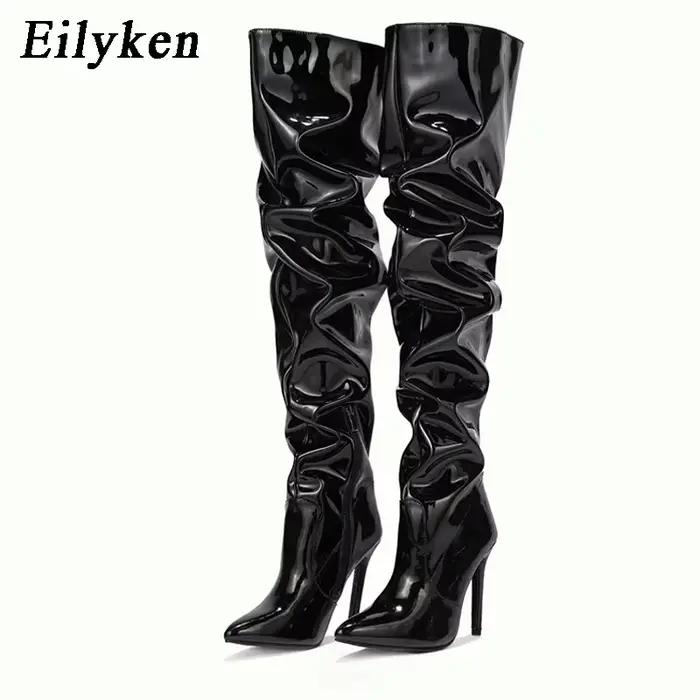 Eilyken-Cuissardes rouges pour femmes, cuissardes à talons hauts, cuir verni, solide, pointu, Parker