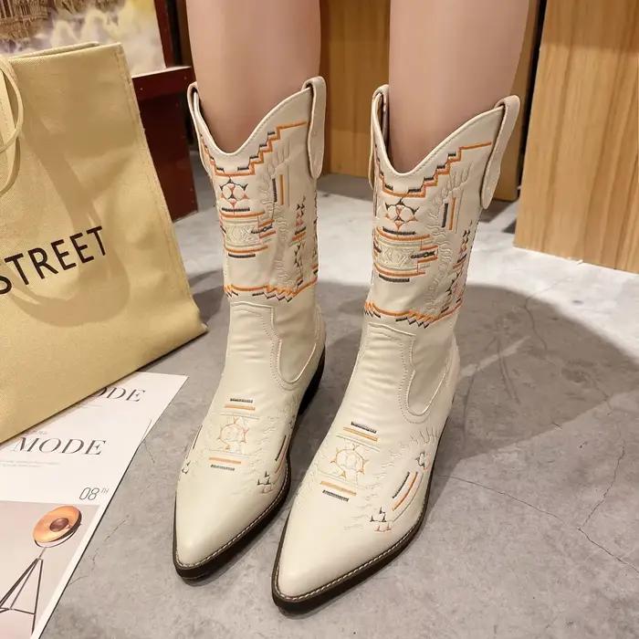 Bottes mi-mollet pour femmes, bottes en cuir décontractées à bout pointu, bottes de cow-boy occident
