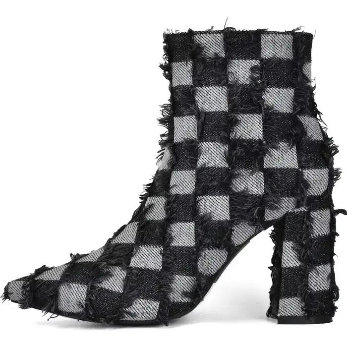 Bottines femmes luxe Denim jean bleu noir damier bout pointu bloc talons hauts hiver chaud avec fran