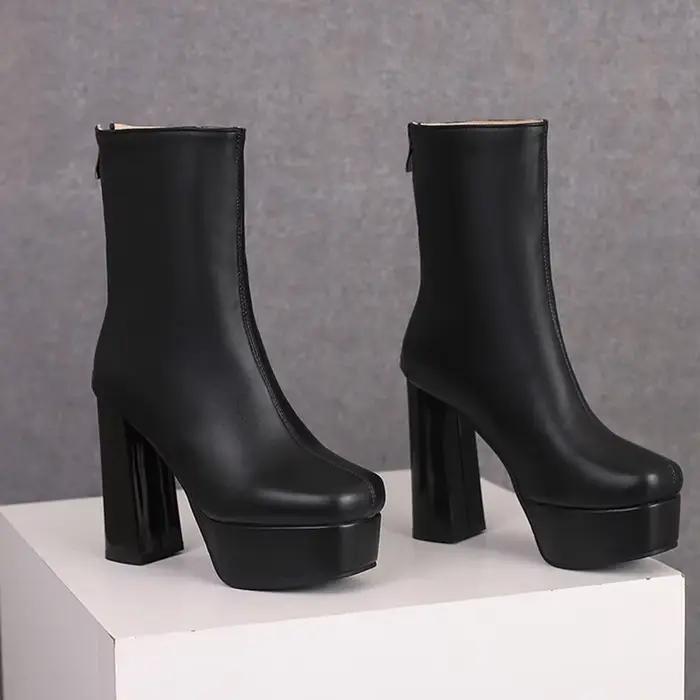 Bottines en cuir à talons hauts pour femmes, bout carré, fermeture éclair au dos, robe de fête de ma