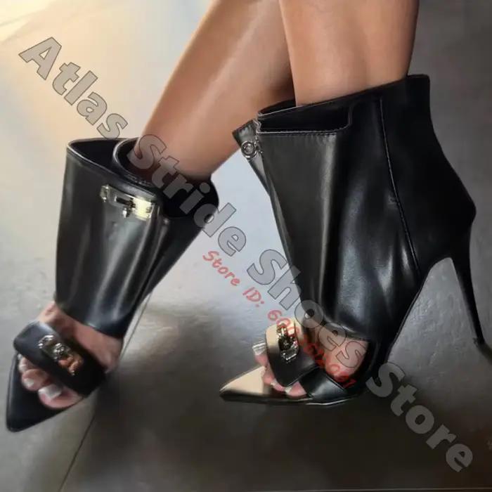 Sandales bottines à bout ouvert avec décoration de fermoir métallique, tige fendue, fermeture éclair