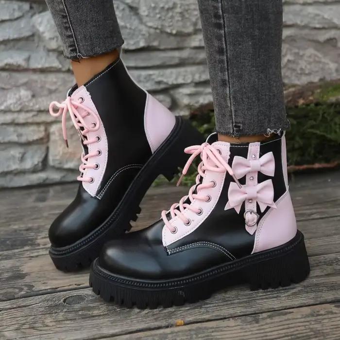 Bottines à lacets pour femme, rose bonbon, avec nœud, multicolores, à semelle épaisse, style Candy P
