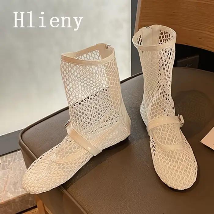 Hlieny été évider respirant maille bottes pour femmes mode boucle sangle bout rond Zip chaussures pl