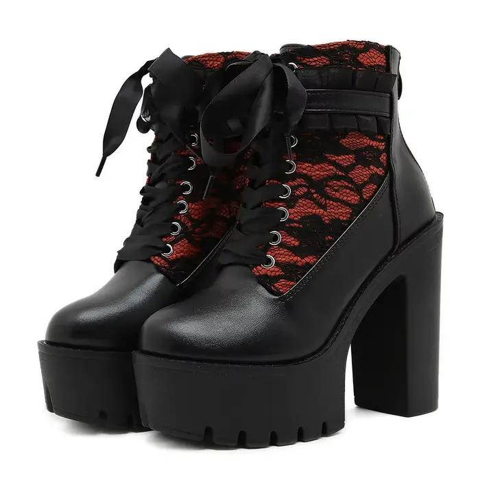 Gdgydh gothique dentelle Patchwork talon haut bottines pour femmes Vintage Style européen fermeture 