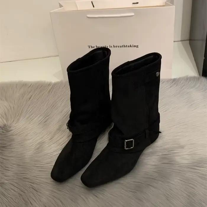 Bottes de chevalier de styliste pour femmes, chaussures à talons bas, robe de danse, Style de rue, f