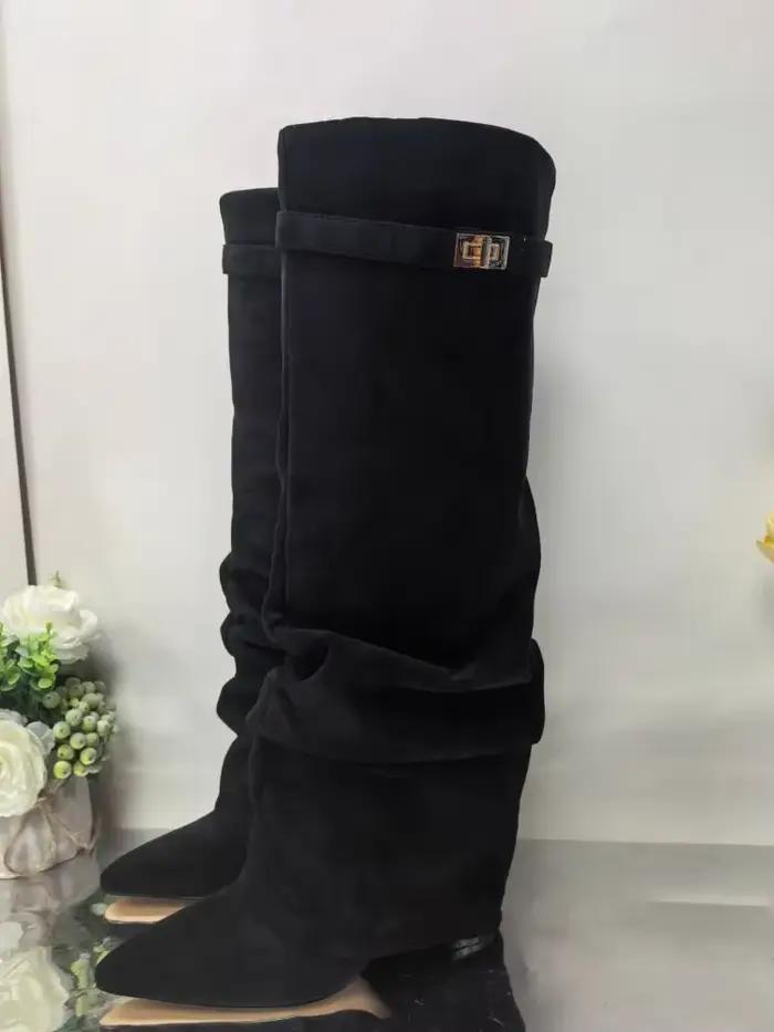 Bottes hautes pour femmes, bottes pointues avec boucle en métal, pantalons à talons hauts épais, bot