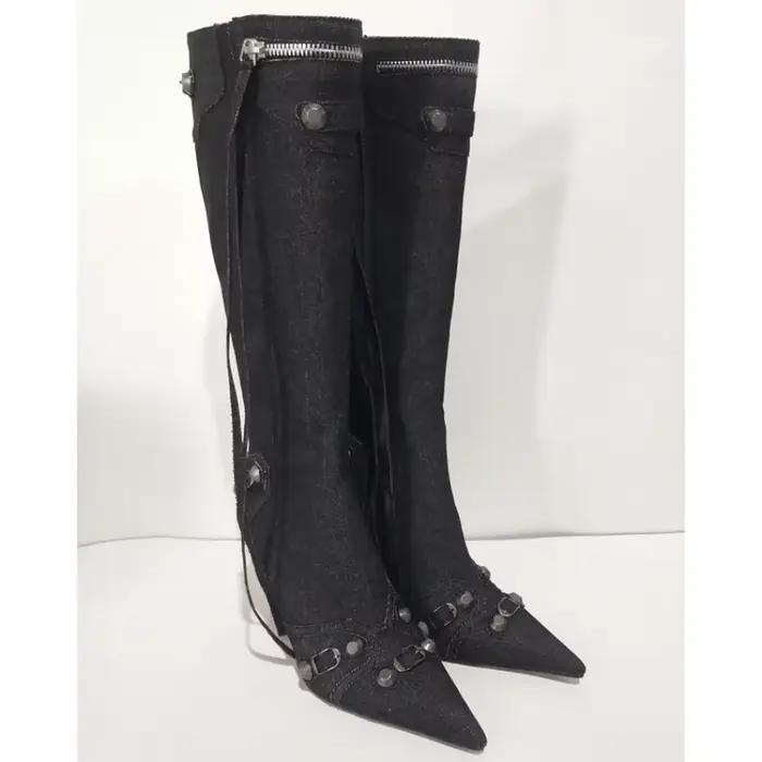 Bottes Hautes à Talons Fins et Pointus pour Femme, Chaussures en Denim, Design de Marque, à la Mode,