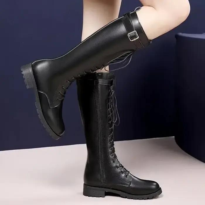 Bottes rétro noires à fond épais pour femme, chaussures hautes au genou, en cuir Pu, avec fermeture 