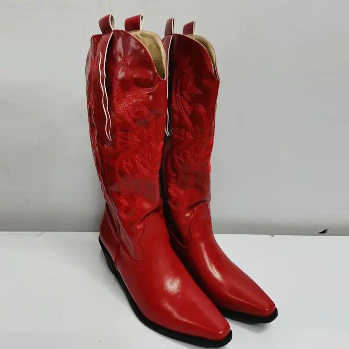 Bottes Western de créateur pour femmes, style cowgirl, brodées, à talon épais, mi-mollet, collection