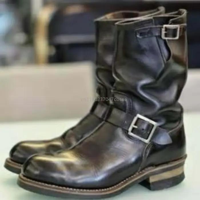 Bottes de cowboy rétro pour homme, style western, médiévales, mi-mollet, en cuir PU, avec boucle, po