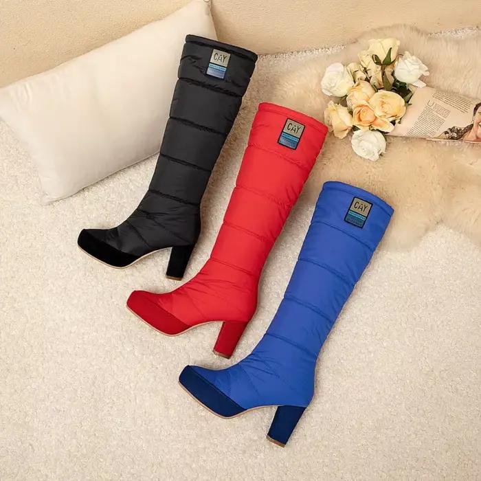 Bottes de neige imperméables à talons en duvet pour dames, chaussures à plateforme, bleu, rouge, déc