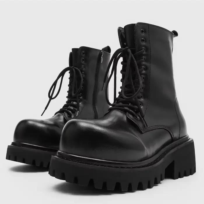 Bottes de moto à semelles épaisses rétro pour hommes, grandes bottes à bout rond, classiques, augmen