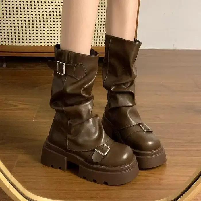 Chaussures pour femmes mi-mollet bottes pour femmes plate-forme bottes modernes femmes boucle de cei