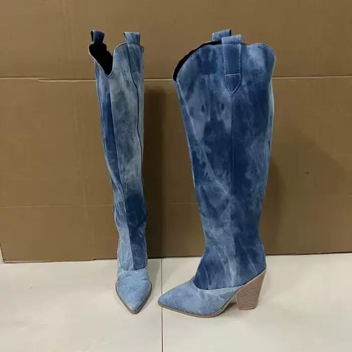 Bottes pour femmes Denim bottes occidentales automne hiver genou cuissardes bottes à talons hauts bo