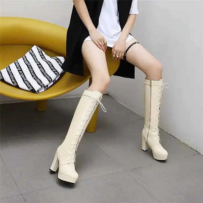 Bottes longues à plateforme au genou pour femmes, grande taille, talon épais de 10cm, noir, rouge, s