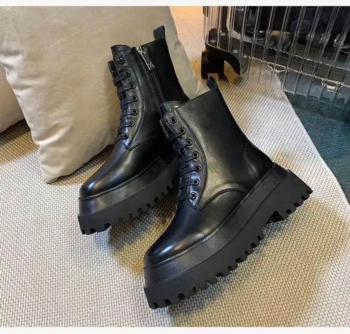 Bottes de Moto Respirantes à Semelle Compensée pour Femme, Chaussures de Couleur Noire, à la Mode, C