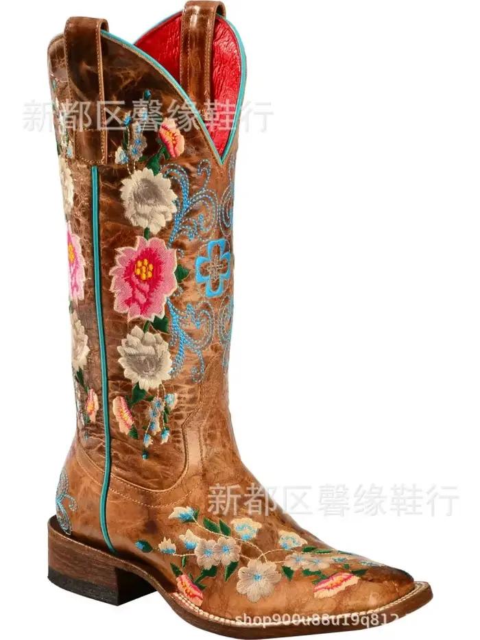 Bottes longues brodées de Cowboy occidental pour femmes, chaussures rétro marron, couleur rose, fleu