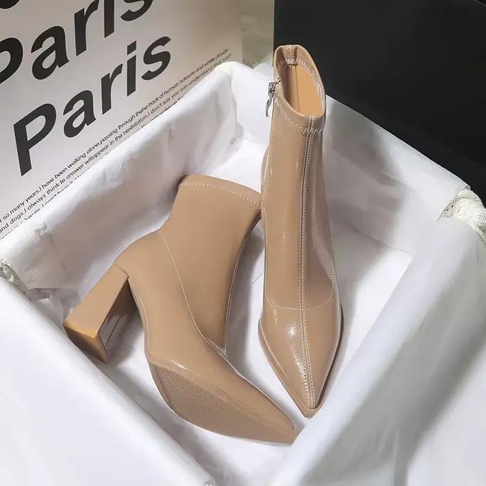 Bottines d'hiver en cuir verni pour femmes, bottines courtes à bout pointu, talons hauts carrés, esc