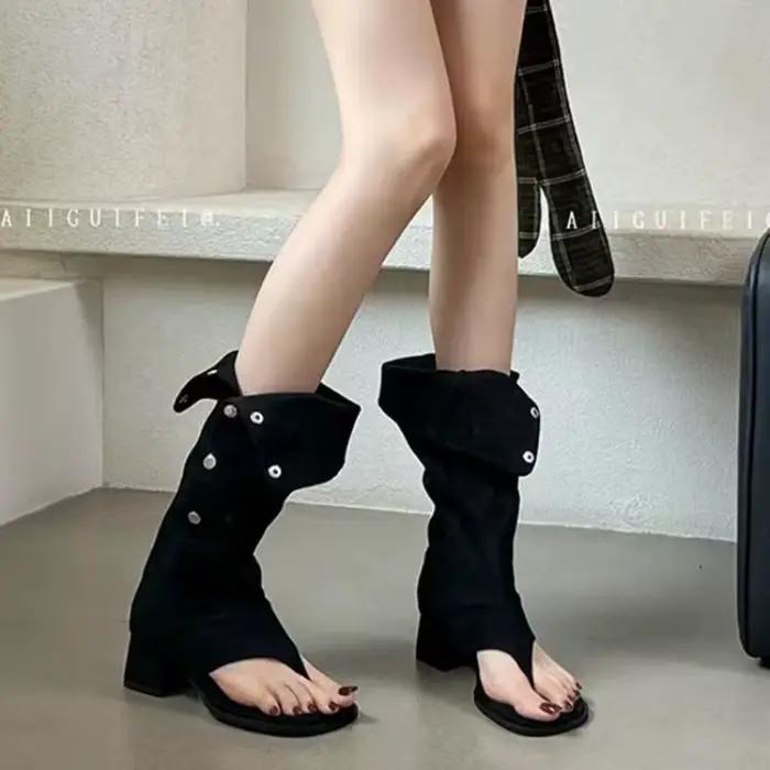 Bottes longues à talon carré français pour femme, style chevrons, à bout ouvert, nouvelle collection