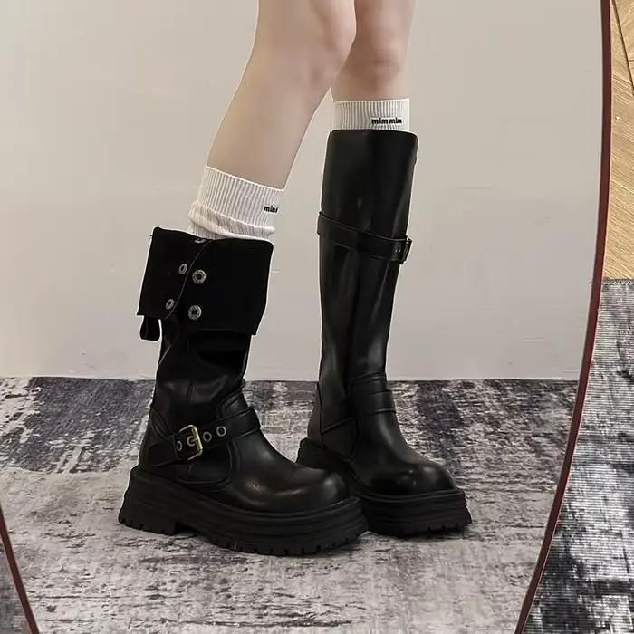 Bottes hautes pour femmes, bottes en cuir décontractées à revers, bottes à plateforme antidérapante 