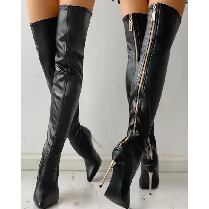 Bottes au dessus du genou à talons Ultra hauts de 11.5cm, cuissardes hautes à bout pointu en PU noir