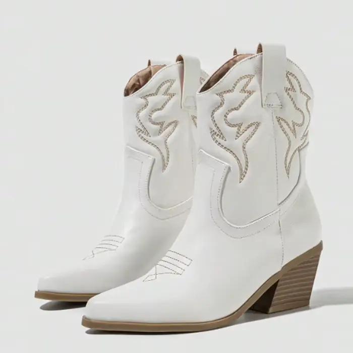 Bottines de Cowboy de Style occidental pour femmes, chaussures en cuir brodé à bout pointu, chaussur