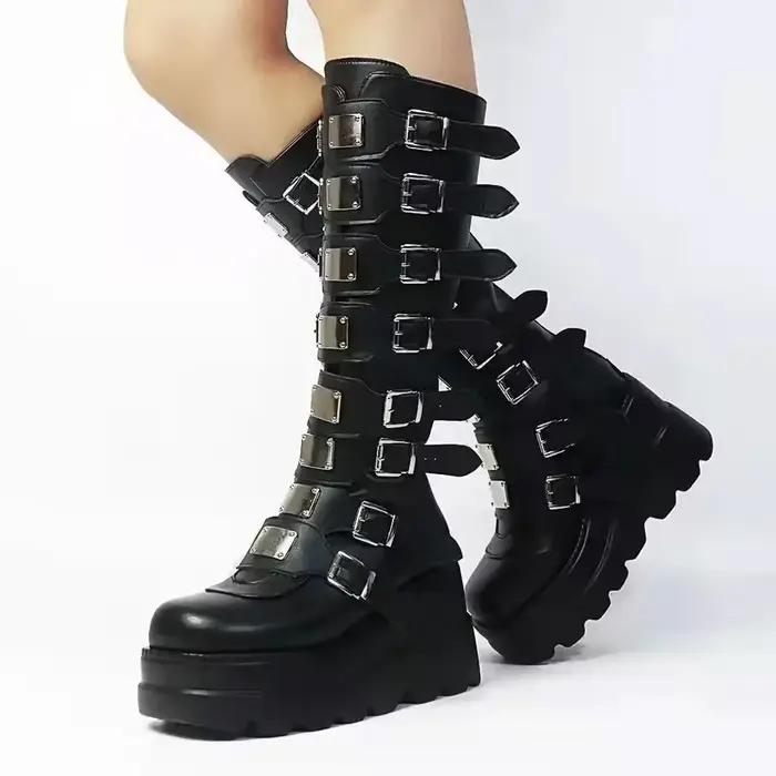 Chaussures gothiques à plateforme au genou pour femmes, punk, noir, sexy, halloween, cosplay, nouvea