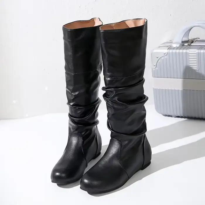 Femmes bottes en cuir mode plissé coin bottes longues bout rond automne hiver solide sans lacet chau
