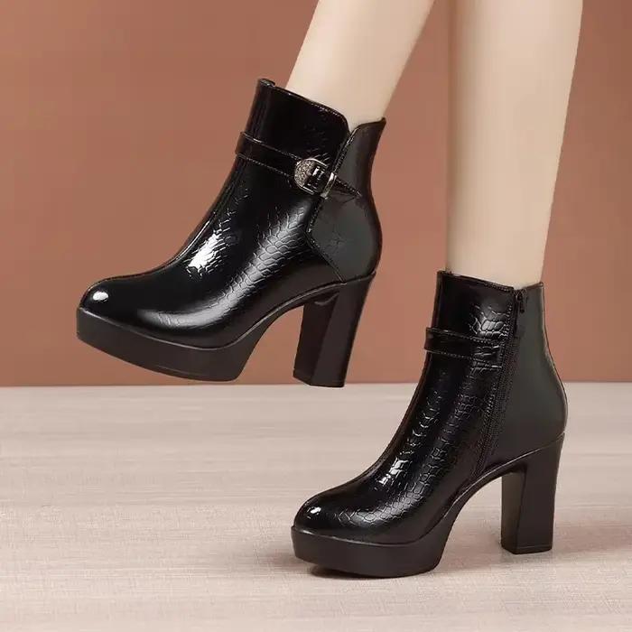 Bottines courtes en cuir véritable pour femme, chaussures à plateforme, bloc, talons hauts, pour le 