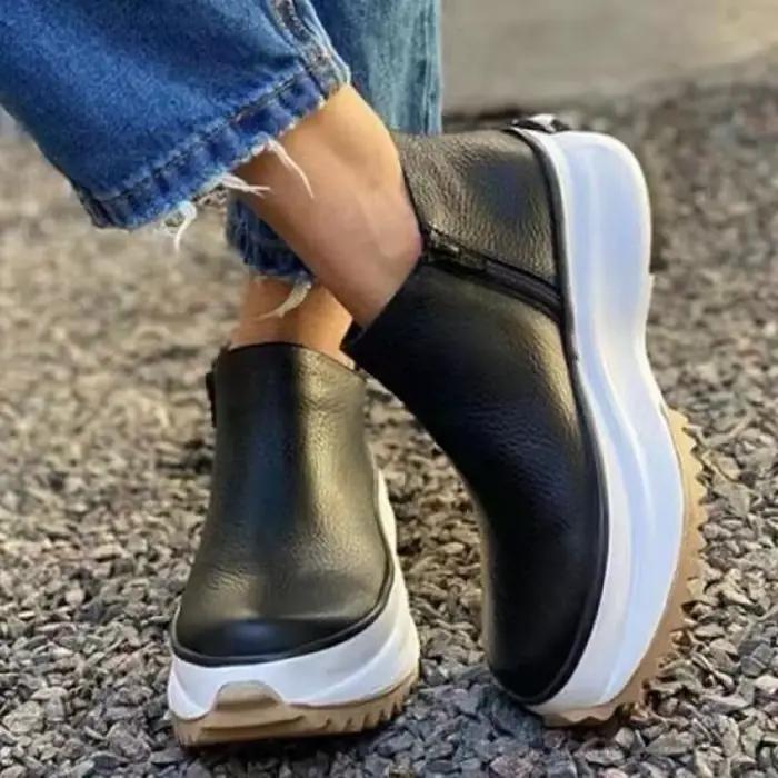 Bottines en cuir pour femmes, bout rond, fermeture éclair latérale, fond blanc, chaussures à platefo