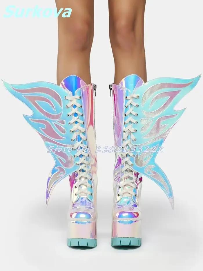 Bottes à plateforme avec ailes de papillon pour femmes, grosses bottes laser, talons hauts, Parker r