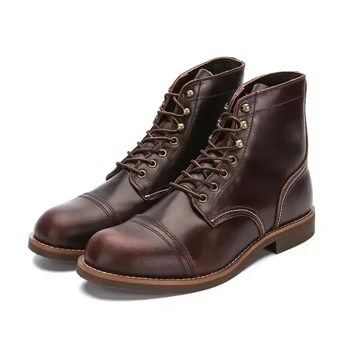 Bottes de Moto Vintage en Cuir de Vache pour Homme, Chaussures Rouges à Ailes Rondes, Soudées Goodye