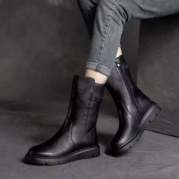 Bout rond femmes demi bottes hautes élégant mode dames mi-mollet chaussures concepteur de luxe quali