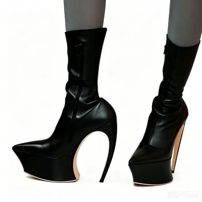 Bottes mi-mollet noires à plateforme pour femmes, talon très haut, bout pointu, fermeture éclair lat