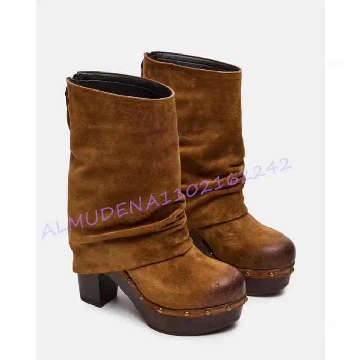 Bottines en daim marron pour femme, à plateforme, talon carré, bout rond, style souple, avec clous d