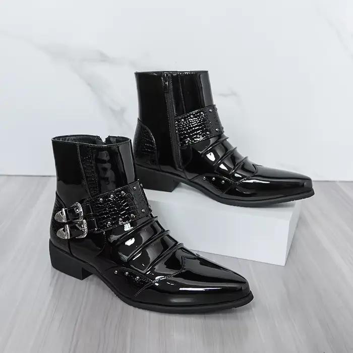 Bottes montantes pour hommes en PU à talon bas, bout pointu, avec boucle de ceinture plissée, élégan