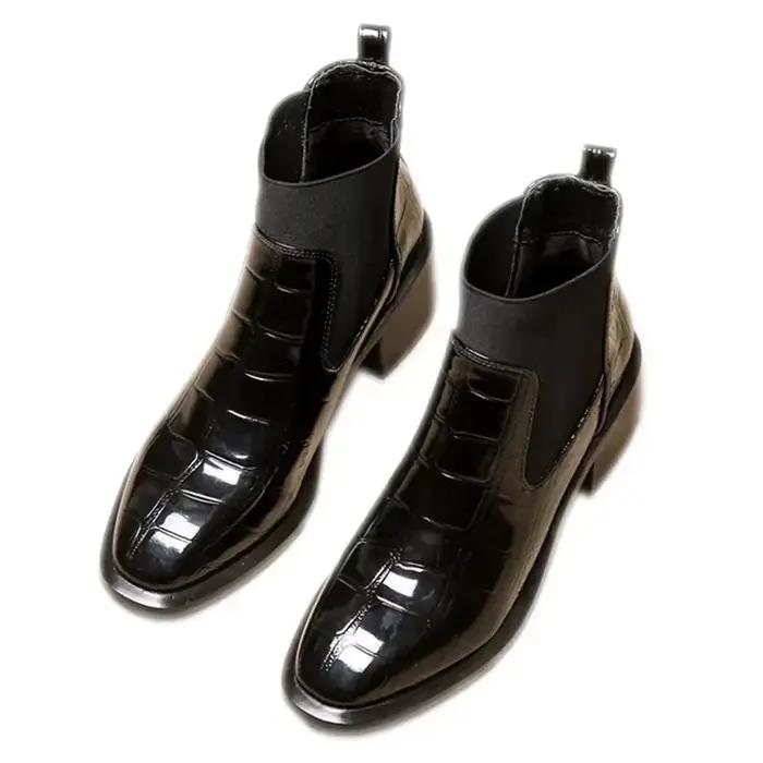 Bottines Chelsea en cuir laqué britannique pour femme, bottes à talons mi-hauts et bout rond, en cui