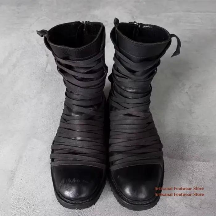 Bottes mi-mollet gothiques en cuir noir à plusieurs sangles ﻿   Bottines décontractées pour hommes à