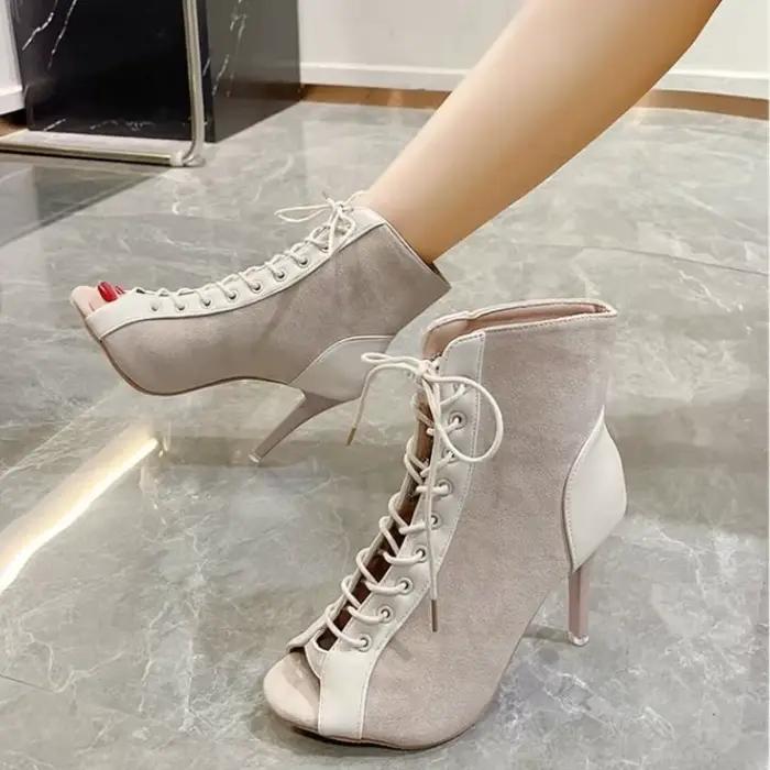 Bottines d'été noires à talons hauts pour femmes, escarpins en daim à bout ouvert et à lacets, chaus