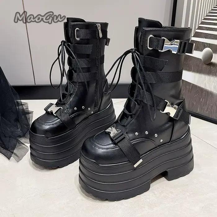 Design de mode Super haute femmes bottes fond épais boucle sangles à lacets gothique bottes courtes 