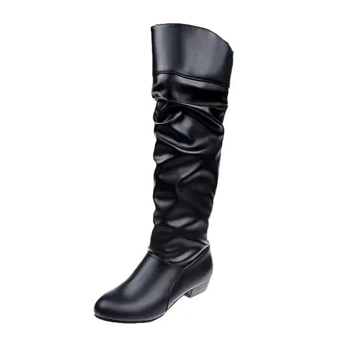 WishHot Vente de la saison Automne Hiver Bottes longues en PU à bout rond et talon bas, style bottes