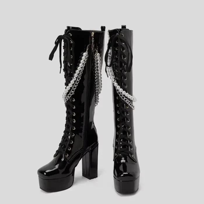 Botas De Mujer automne hiver en cuir verni genou bottes hautes femmes à lacets côté Zip perle chaîne